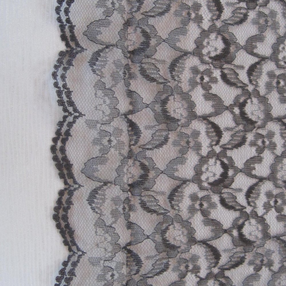 Vintage Rectangular Black Lace Scarf with scalloped edge. 16" x 68"